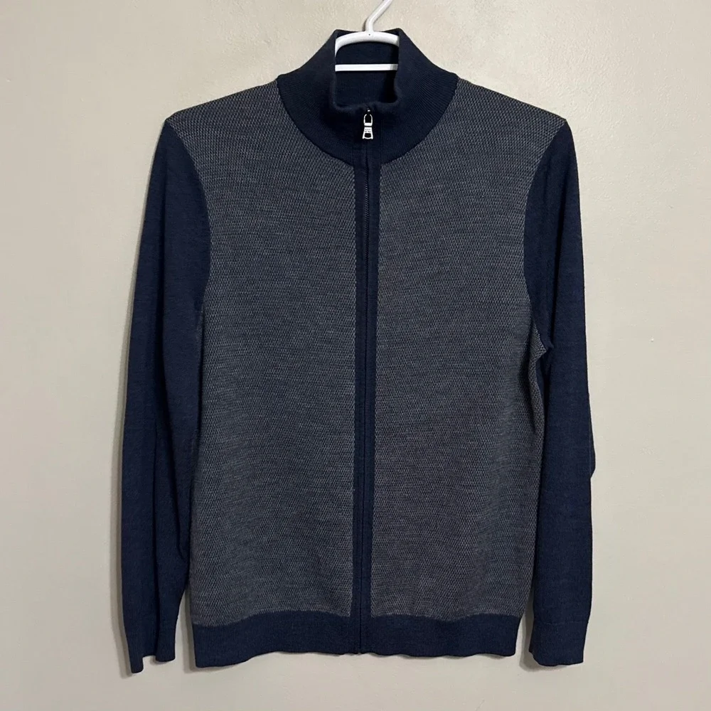 Banana Republic Mens Large Blue Gray 100% Merino Wool Full Zip Sweater - Picture 2 of 6